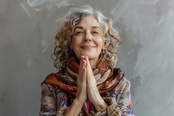 Wall Mural - Portrait of a jovial woman in her 40s joining palms in a gesture of gratitude isolated in soft gray background