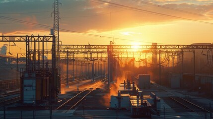 Wall Mural - A sunset silhouette of electrical infrastructure showcases a complex network of wires and towers, providing a powerful visual of the power grid.