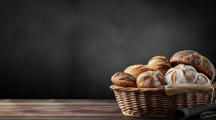 a variety of bread types and shapes displayed in a wicker basket on a wooden table, set against a black background.