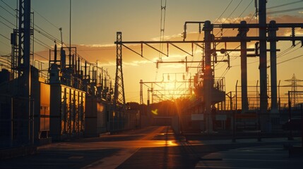 Wall Mural - A silhouette of an electrical power station with power lines and transformers against a bright orange sunset sky.