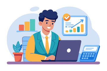 Serious and focused young Indian man working in the office on a laptop with data and accounting holding a calculator in his hand modern flat design simple vector illustration isolated transparent