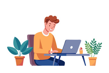 Aufkleber - Confident young man working on laptop in modern office setting modern flat design simple vector illustration isolated transparent background;