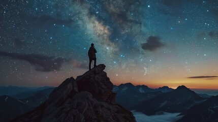 Wall Mural - An awe-inspiring image of hikers reaching the summit at twilight, their faces illuminated by the fading sunlight as they gaze up at the starry night sky. 