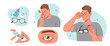 © Irina Strelnikova - Man suffer from eye pain and rub his tired eyes with hand. Conjunctivitis and other ophthalmology diseases symptoms. Vector illustration.