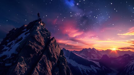 Canvas Print - An inspiring image of climbers reaching the pinnacle of a mountain just as the sun dips below the horizon, leaving them in awe of the beauty of the night sky. 