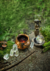 Canvas Print - Goddess ritual figurine with witch cauldron and crystals in forest, natural background. esoteric spiritual practice. crystal magic ritual, witchcraft. mystery atmosphere.