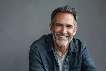 Wall Mural - Portrait of a cheerful caucasian man in his 50s smiling at the camera in soft gray background