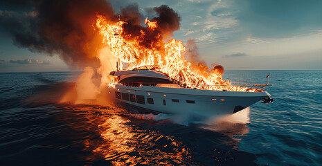 A white yacht was on fire, with black smoke billowing from the top as flames engulfed it in red and orange colors. The sea was calm with blue water. Generative AI.