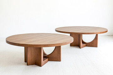 Two Wooden Round Tables on a White Floor