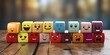 © MR. INVINCIBLE - colorful cubes with different emotions drawn, wooden background, concept of colorful cubes with Different emotions