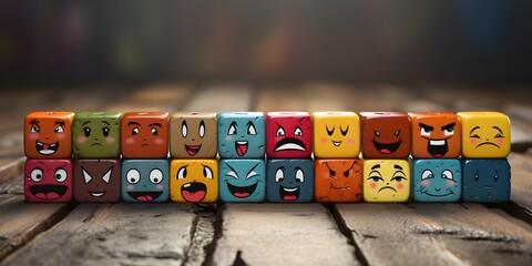 colorful cubes with different emotions drawn, wooden background, concept of colorful cubes with Different emotions