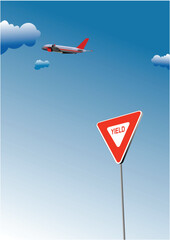 Wall Mural - Airplane flying above yield sign with blue sky background