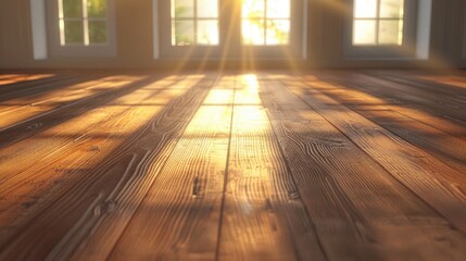 Poster - Sunshine fills an empty room casting a warm glow on the smooth brown wooden floor