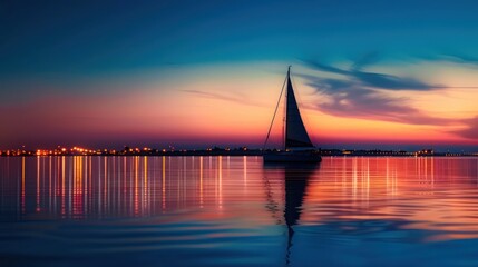 Wall Mural - A serene sailboat silhouette against a backdrop of vibrant city lights reflected on the tranquil waters of a calm harbor, evoking a sense of urban tranquility and beauty.