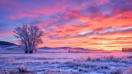 Poster - panoramic, colorful pink-orange-blue dramatic sky with clouds illuminated by red sunset