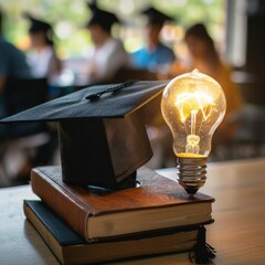 Wall Mural - Graduation cap with a lightbulb on the book and icon learning in the classroom. Education learning concepts in school or university. Generative AI