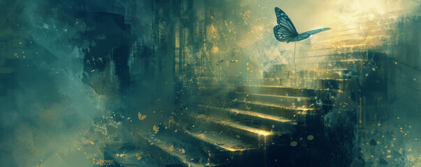 Wall Mural - Abstract futuristic artistic illustration with a butterfly and ancient stairs