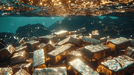 Poster - Clear water, there are many gold bars under the water. Generative AI.