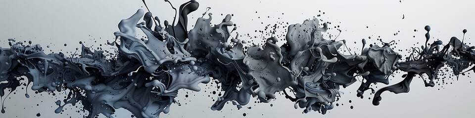 Monochrome 3D ink splashes in shades of gray forming minimalist abstract art