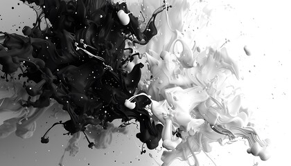 Monochrome 3D ink splashes in black and white creating abstract shapes