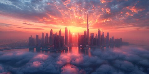 submerged Downtow Dubai with skyscrapers, United Arab Emirates, the Persian and Dubai gulf at sunset