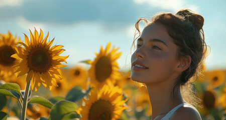 Sticker - A young woman standing in a sunflower field, her face turned towards the sun with a peaceful smile. The towering sunflowers and the bright blue sky. Generative AI.