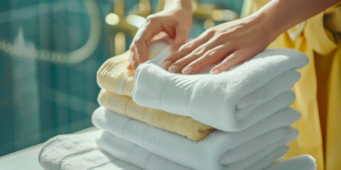 A person is folding towels and placing them on top of each other