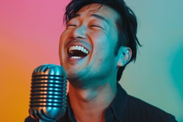 Wall Mural - Portrait of a smiling asian man in his 30s dancing and singing song in microphone isolated in pastel or soft colors background