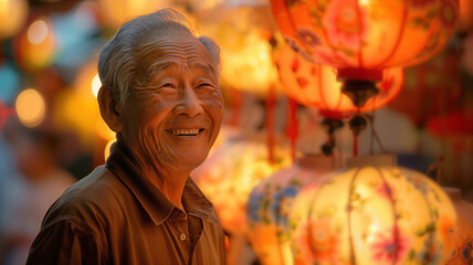 Wall Mural - Happy asian man with beautiful lanterns