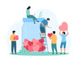 © Iconic Prototype - Charity social campaign, generous donation and support of volunteers. Tiny people give red hearts to glass jar, donate love gifts, share solidarity, hope and kindness cartoon vector illustration