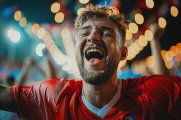 Wall Mural - Football fan celebrating goal in stadium with arms wide open at night