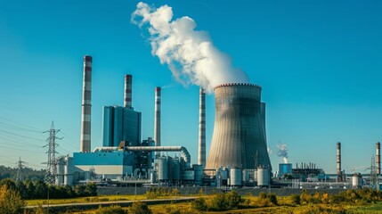 Canvas Print - A large power plant with multiple cooling towers and smokestacks emitting smoke into a clear blue sky.