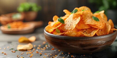 various Collection of flavored potato chips in bowls, a bowl with various delectable potato chips