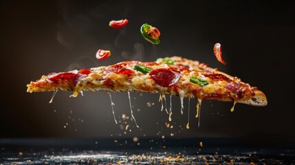 Wall Mural - Pepperoni Pizza Slice with Jalapenos in Mid-Air