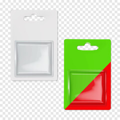 Wall Mural - hanging cardboard and clear plastic square blister box. realistic 3d vector mock-up. blank individua
