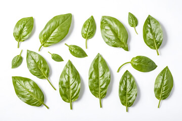 Wall Mural - Fresh Basil Leaves Isolated on White Background