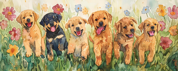 Poster - A watercolor painting of a playful group of puppies frolicking in a field of wildflowers, their tails wagging and their tongues lolling out.