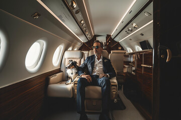 Businessman with dog flying on his private jet.