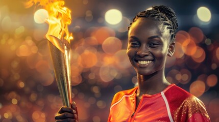 Black sports woman carries a torch with the Olympic flame, the opening ceremony of the Olympic Games.