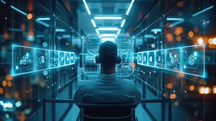 Fototapete - Cybersecurity. In a futuristic technological facility, a cybersecurity specialist monitors a dark room with computer servers to ensure the integrity and security of information. Generative AI.