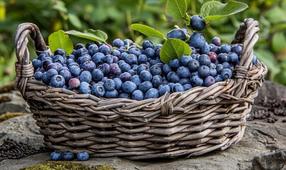 Wall Mural - Freshly picked blueberries in a basket