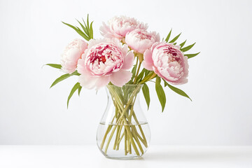 Wall Mural - Pink peonies in a vase on a white background