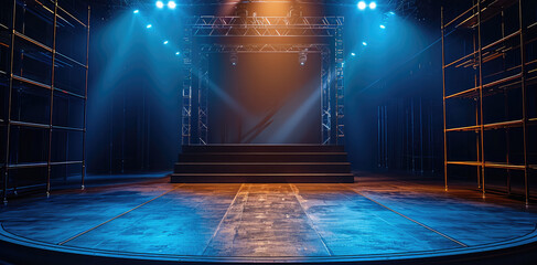 Fototapete - Talk show set dark background with some scaffolding on top and backside seen through hint of light and platform at the front, warm light spot in the front. Generative AI.