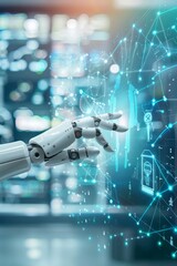 Poster - Robot and human hands touching on big data network connection background for futuristic concept