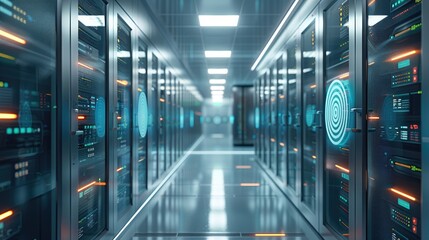 Fototapete - A network of interconnected IoT devices monitoring and regulating the temperature and humidity in a bank data center. Generative AI.