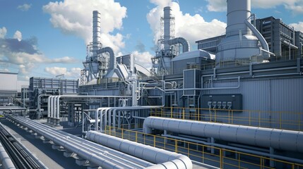 Poster - This is an image of an industrial plant with large pipes and a complex system of machinery. The image captures the scale and complexity of industrial operations.