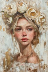 Wall Mural - A girl with flowers on her head, oil painting, gold foil embellishment, white and beige, strong brushstrokes, texture layers, delicate face, soft light 