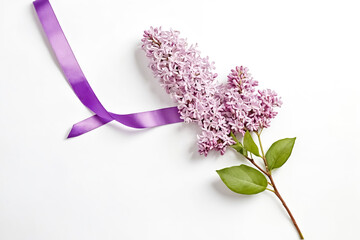 Poster - Lilac Flower with Purple Ribbon on White Background