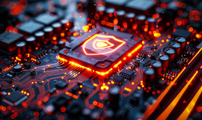 Poster - digital security shield on microchip with data flow in futuristic motherboard - 3d render of advance