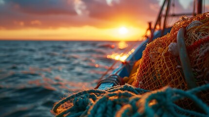 Canvas Print - Sunset Over Ocean Fishing Boat with Nets and Ropes in Foreground